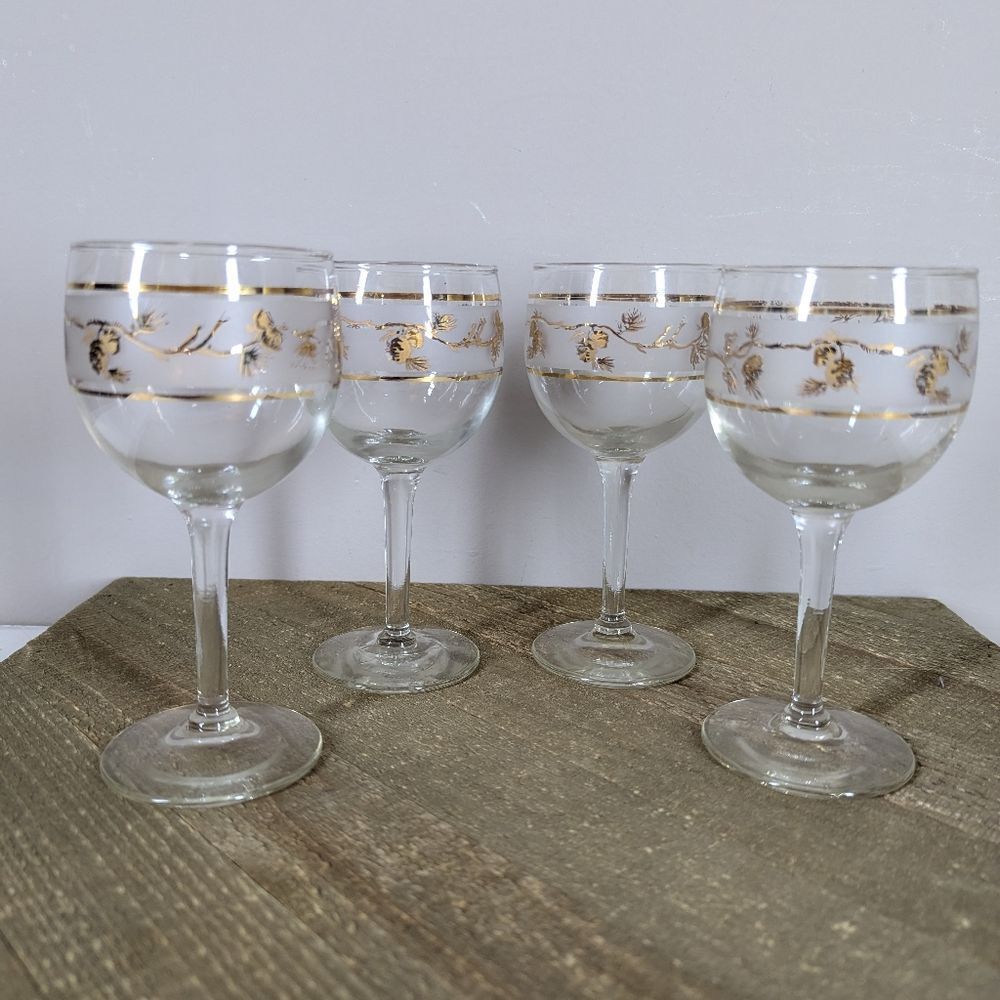 4 Vintage Golden Pinecone Wine Glasses Mid-Century Libbey